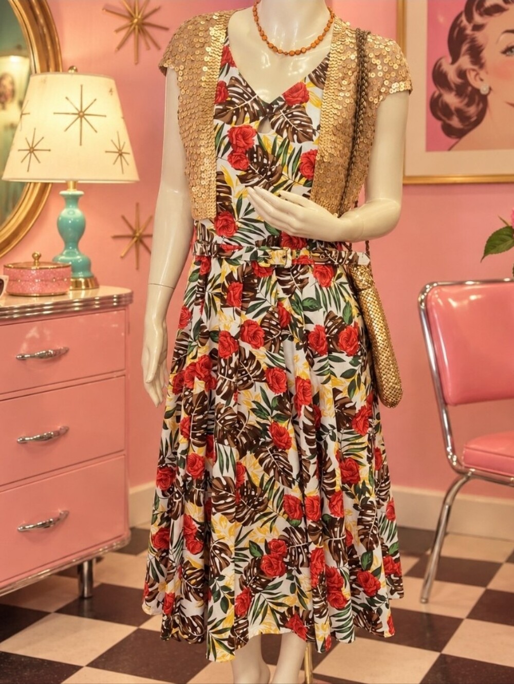 Katakomb 1950s Style Rockabilly Tropical Floral Swing Dress